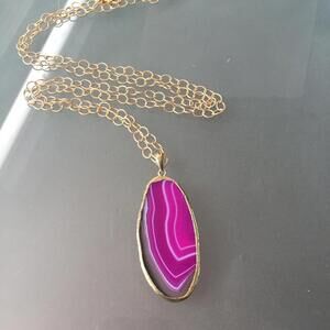 Pink Agate Gemstone Necklace - Long Layering Necklace - Gold Plated